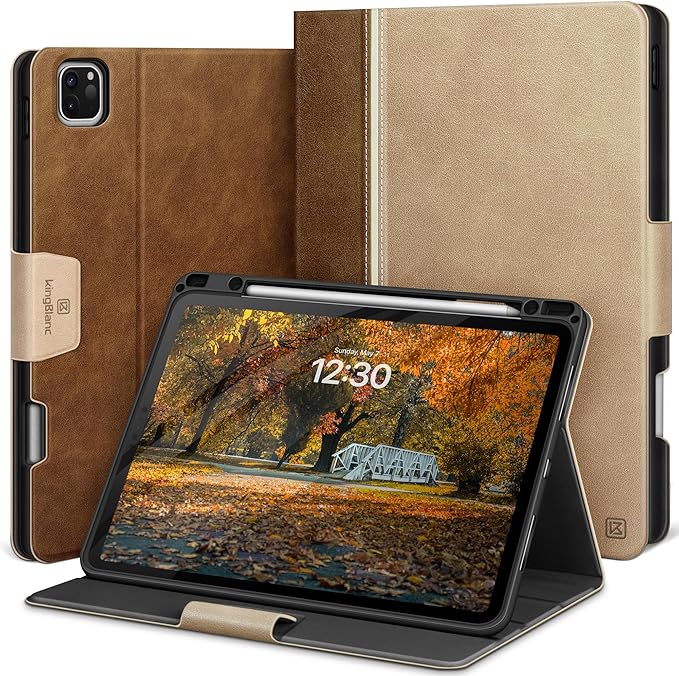 KingBlanc Case for iPad Pro 12.9 6th/5th/4th/3rd Generation 2022/2021/2020/2018 with Pencil Holder Vegan Leather Bicolor Cover Auto Sleep/Wake Support Pencil2 Charging Multi-Angle Viewing Beige