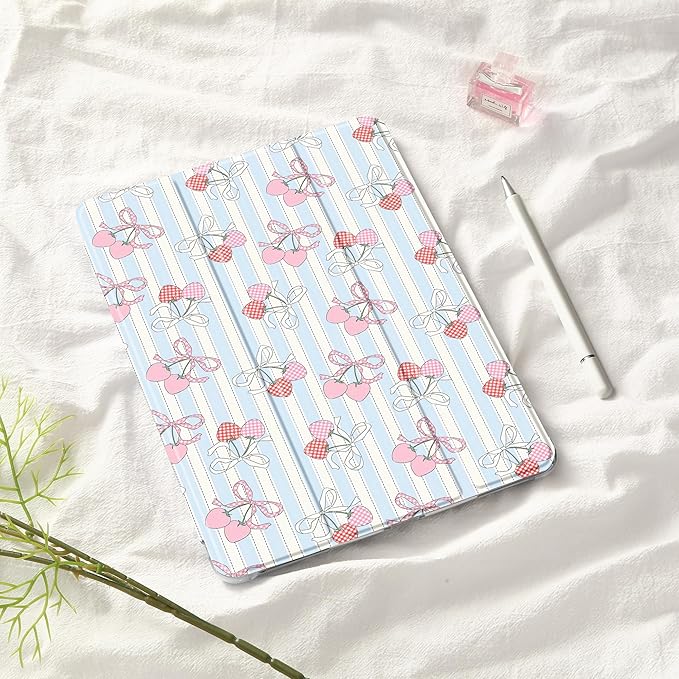 Idocolors Cute Kawaii Cherry Bow Pad Case for 9.7 Inch iPad Air/iPad Air 2 Clear TPU Smart Stand Back Cover with Pencil Holder Auto Wake/Sleep Shockproof Protective Case for Women Girls