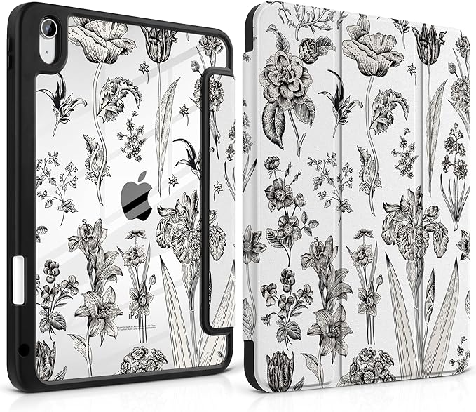 DONGKE Case for iPad Air 11-inch M4 2026 &amp M3 2025 &amp M2 2024 iPad Air 5th/4th Generation 10.9 2022/2020 [Built-in Pencil Holder] Clear Acrylic Back Trifold Stand Smart Cover Black Florals