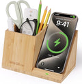 Bamboo Pen Holder for Desk &amp Nightstand Organizer with Fast Wireless Charging for iPhone Samsung &amp More – Office Desk Accessories for Men/Women (Bamboo)