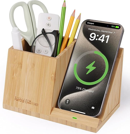 Bamboo Pen Holder for Desk &amp Nightstand Organizer with Fast Wireless Charging for iPhone Samsung &amp More – Office Desk Accessories for Men/Women (Bamboo)