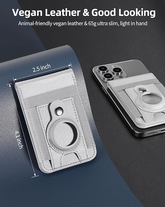 For Magsafe Wallet Stand with Airtag Holder Strongest Magnetic Wallet for iPhone 17/16/15/14/13/12 Series ID Window 4 Card Slots 10 Cards Holder Vegan Leather RFID Blocking Light Gray