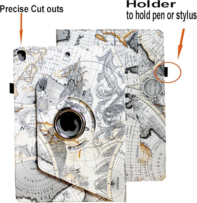 Case for iPad 9th 8th 7th Generation 360 Rotating Smart Cover Folio Stand with Pocket Auto Wake Up/Sleep for 2021 2020 2019 iPad 10.2 A2197 A2198 A2199 A2200 A2602 A2603 (Map)