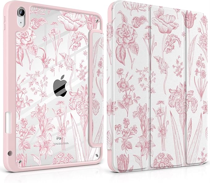 DONGKE Case for iPad (A16) 11th Generation 11 inch 2025 &amp iPad 10th Gen 10.9 inch 2022 [Built-in Pencil Holder] Clear Acrylic Back Trifold Stand Smart Cover Auto Sleep/Wake Pink Florals