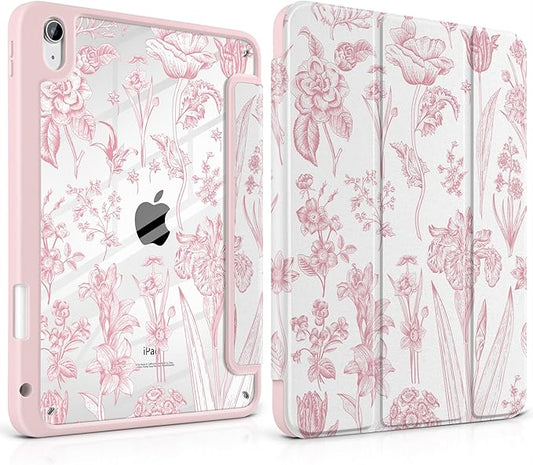 DONGKE Case for iPad (A16) 11th Generation 11 inch 2025 &amp iPad 10th Gen 10.9 inch 2022 [Built-in Pencil Holder] Clear Acrylic Back Trifold Stand Smart Cover Auto Sleep/Wake Pink Florals