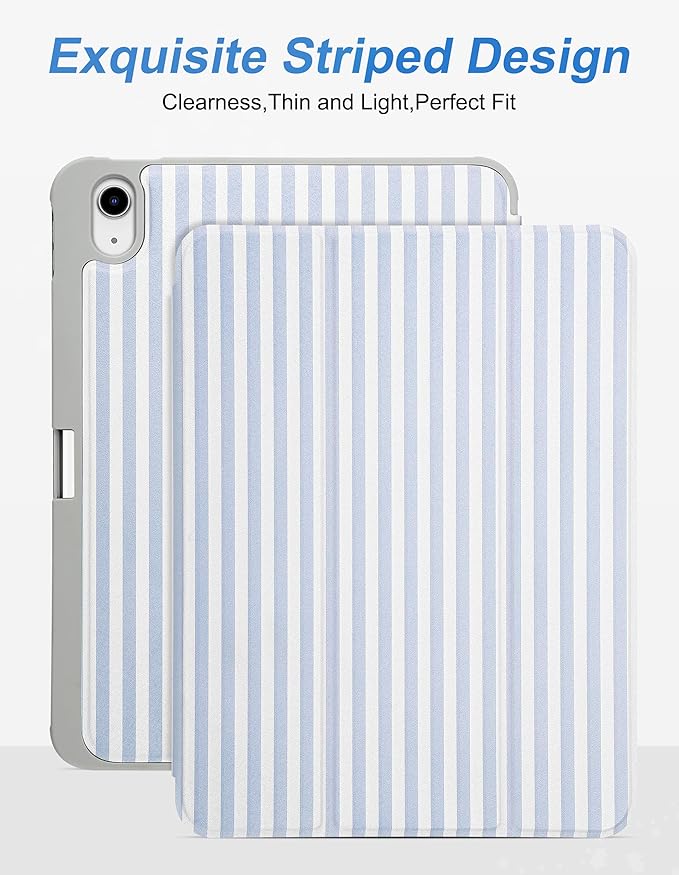 Compatible with iPad 11th (11-Inch A16 2025) iPad 10th (10.9-Inch 2022) Generation Case with Pencil Holder Cute Stripeds Aesthetic Design Soft TPU Trifold Stand Protective Blue