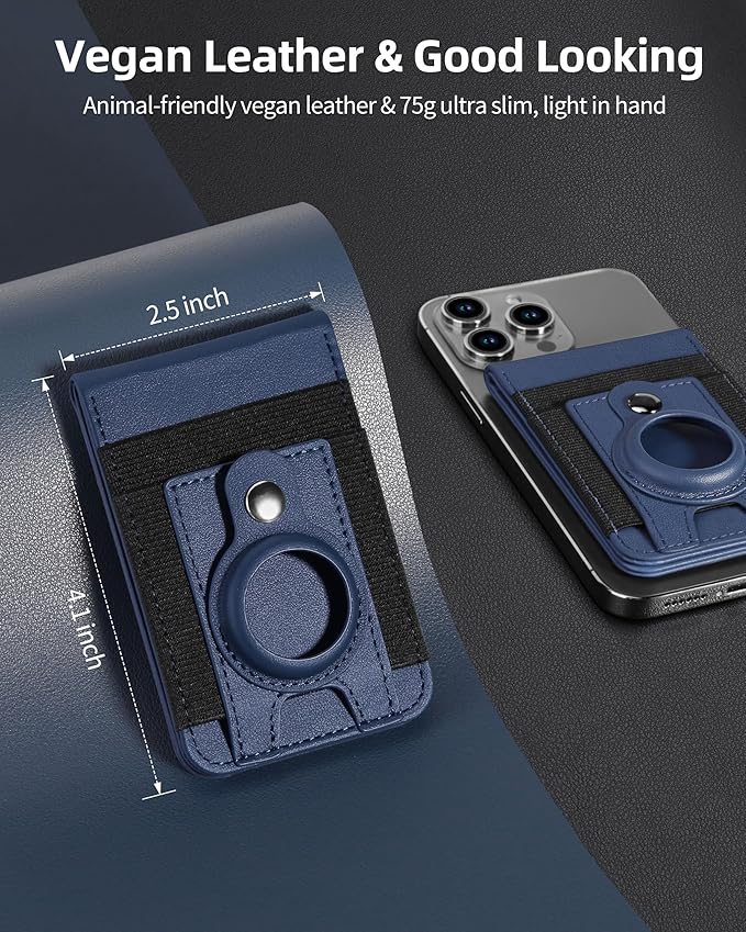 For Magsafe Wallet Stand with Airtag Holder Strongest Magnetic Phone Wallet for iPhone 17/16/15/14/13/12 Series ID Window 4 Card Slots 10 Cards Holder Vegan Leather RFID Blocking Navy Blue