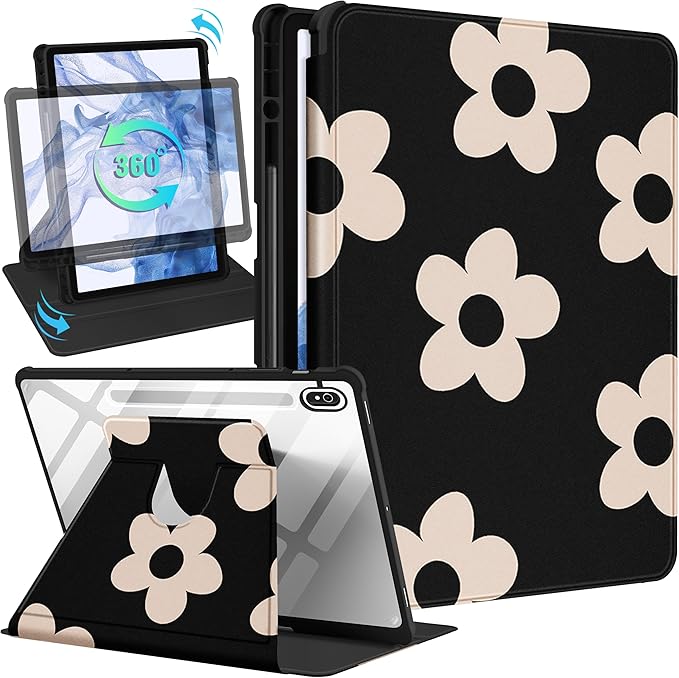 for Samsung Galaxy Tab S10 Fe Case - Tab S9 Fe/S9 Case with Pencil Holder Women Girl Cute Girly Pretty Black Flower Unique Aesthetic Design Teens Rotating Tablet Cases Cover