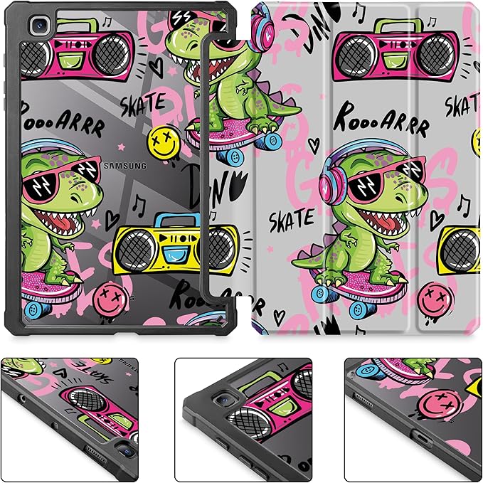 Mektron Case for Samsung Galaxy Tab S6 Lite 10.4 Inch 2024/2022/2020 with S Pen Holder Multi-Angle Viewing with Shockproof Cover Clear Shell + Trifold Stand + Auto Wake/Sleep Cool Dinosaur