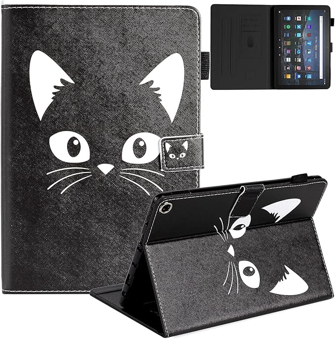 Dteck Case for All-New Fire HD 10 &amp HD 10 Plus Tablet (2021 Release 11th Generation) - Slim Multi-Angle Folio Stand Premium PU Leather Protective Smart Cover with Auto Wake Sleep Black Cat