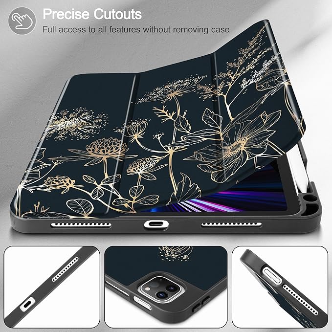 May Chen Case for iPad Pro 11 inch (4th 3rd 2nd &amp 1st Gen) 2022 2021 2020 2018 Trifold Stand + Pencil Holder + Auto Wake/Sleep + Soft TPU Protective Stand Back Cover Abstract Floral