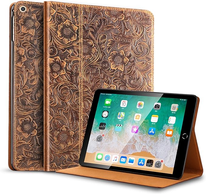 Gexmil Case for iPad mini 5th/4th/3rd/2nd/1st Generation 7.9 Inch 2019/2015/2014/2013/2012 Genuine Leather Cover Anti SlipCowhide Folio Cover Auto Sleep/Wake with Adjustable StandFloral Brown