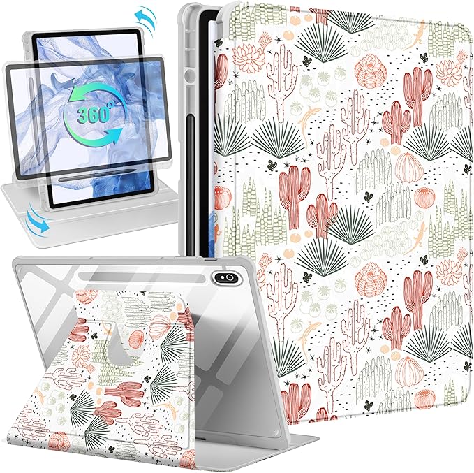 for Samsung Galaxy Tab S10 Fe Case - Tab S9 Fe/S9 Case with Pencil Holder Women Girls Cute Girly Pretty Cactus Unique Aesthetic Design Teens Rotating Tablet Cases Cover