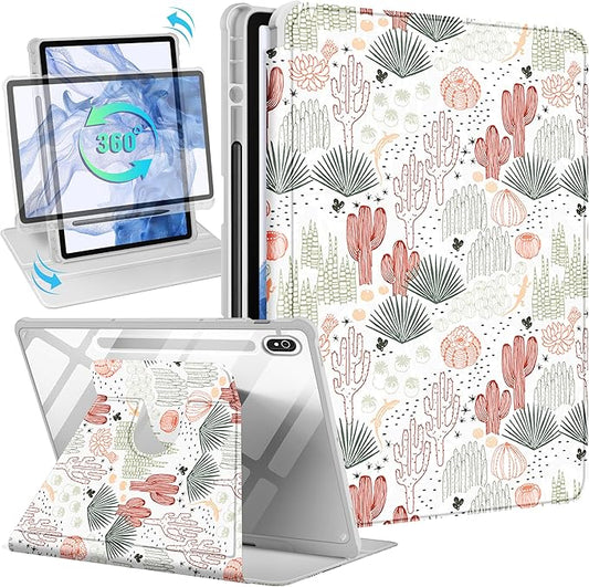 for Samsung Galaxy Tab S10 Fe Case - Tab S9 Fe/S9 Case with Pencil Holder Women Girls Cute Girly Pretty Cactus Unique Aesthetic Design Teens Rotating Tablet Cases Cover