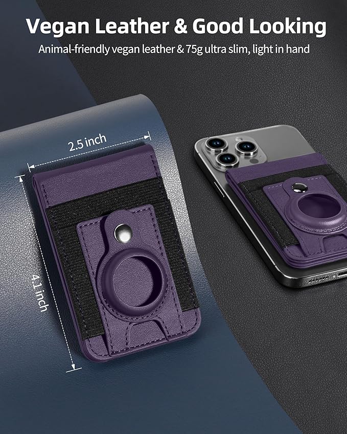 for Magsafe Wallet Stand with Airtag Holder Strongest Magnetic Wallet for iPhone 17/16/15/14/13/12 Series ID Window 4 Card Slots 10 Cards Holder Vegan Leather RFID Blocking Purple