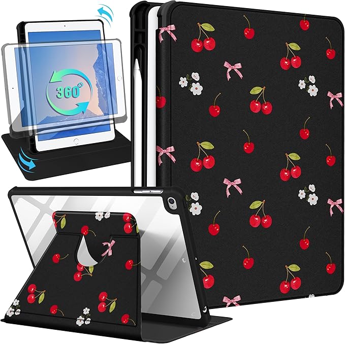 for iPad 5th/6th Generation Case for iPad Air 1st/Air 2nd/Pro 9.7 inch 2016 Case - 360 Rotating Stand Folio Smart Cover with Pencil Holder for Women Girl Cherry Bow Flowers for Apple Tablet