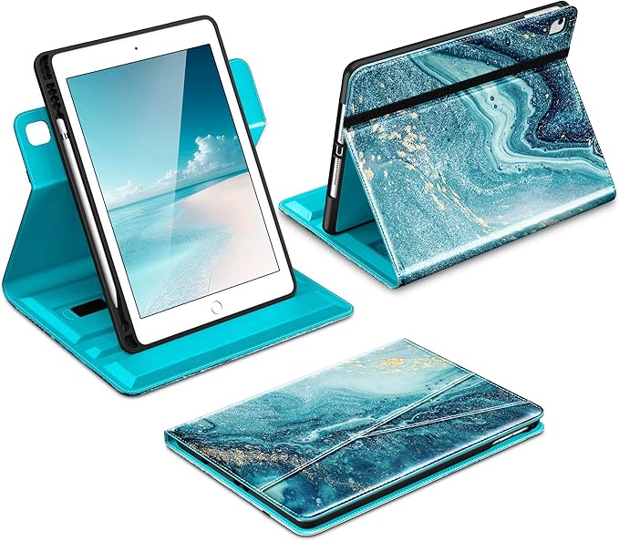 DTTO for iPad 6th / 5th Generation 9.7 Inch (2018/2017) iPad Air 2 / Air 1 Case 360 Degree Rotating Premium Leather Folio Stand Cover with Pencil Holder Sandy Wave