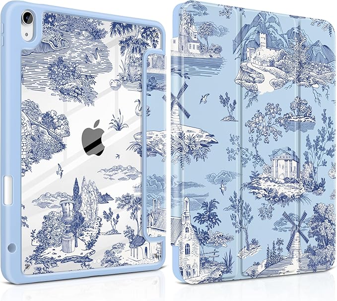 DONGKE Case for iPad Air 11-inch M4 2026 &amp M3 2025 &amp M2 2024 iPad Air 5th/4th Generation 10.9 2022/2020 [Built-in Pencil Holder] Clear Acrylic Back Trifold Stand Smart Cover Toile Pattern
