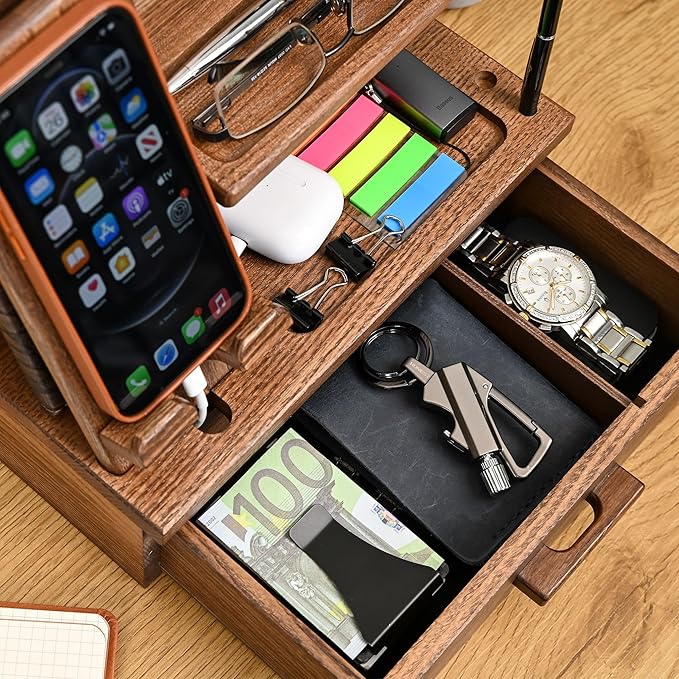 TESLYAR Wood Phone Docking Station with Drawer - Nightstand Organizer - Desk Organizer for Husband - Birthday Gifts for Men Dad Anniversary Idea Key Holder Stand Watch &amp Accessories (Earth Beig