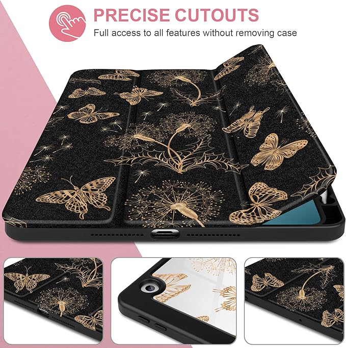 MEEgoodo Case for iPad 10.2 inchTablet Cases for iPad 9th Generation 2021/8th Gen 2020/7th Gen 2019 with Clear Acrylic Back Shell+Pencil Holder+Auto Wake/Sleep+Trifold StandButterflies &amp Dandeli