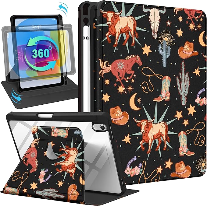 for iPad A16 Case for iPad 10th Generation Case 10.9 inch - 360 Degree Rotating Stand Folio Smart Cover with Pencil Holder for Women Girls Western Cowboy for Apple Tablet 10th 2022/11th 2025