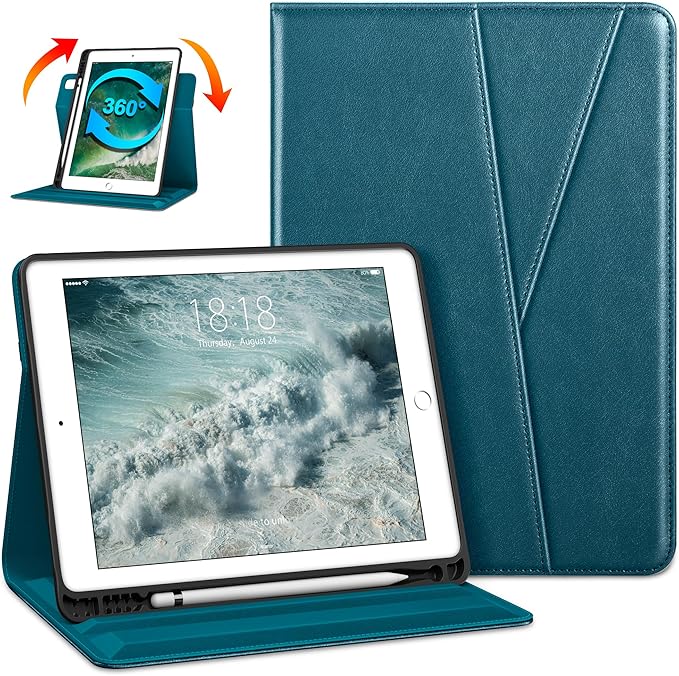 DTTO Rotating Case for iPad 6th / 5th Generation 9.7 Inch 2018/2017 iPad Air 2 / Air 1 Case 360 Degree Swiveling Premium Leather Folio Stand Cover with Pencil Holder - Auto Wake/Sleep Light Blue
