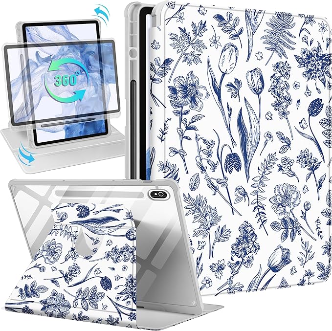 for Samsung Galaxy Tab S10 Fe Case - Tab S9 Fe/S9 Case with Pencil Holder Women Girls Cute Girly Pretty Floral Unique Aesthetic Design Teens Rotating Tablet Cases Cover