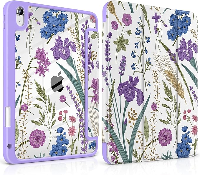 DONGKE Case for iPad (A16) 11th Generation 11 inch 2025 &amp iPad 10th Gen 10.9 inch 2022 [Built-in Pencil Holder] Clear Acrylic Back Trifold Stand Smart Cover Auto Sleep/Wake Purple Wildflower