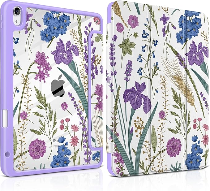 DONGKE Case for iPad Air 11-inch M4 2026 &amp M3 2025 &amp M2 2024 iPad Air 5th/4th Gen 10.9 2022/2020 [Built-in Pencil Holder] Clear Acrylic Back Trifold Stand Smart Cover Purple Botanical Wild