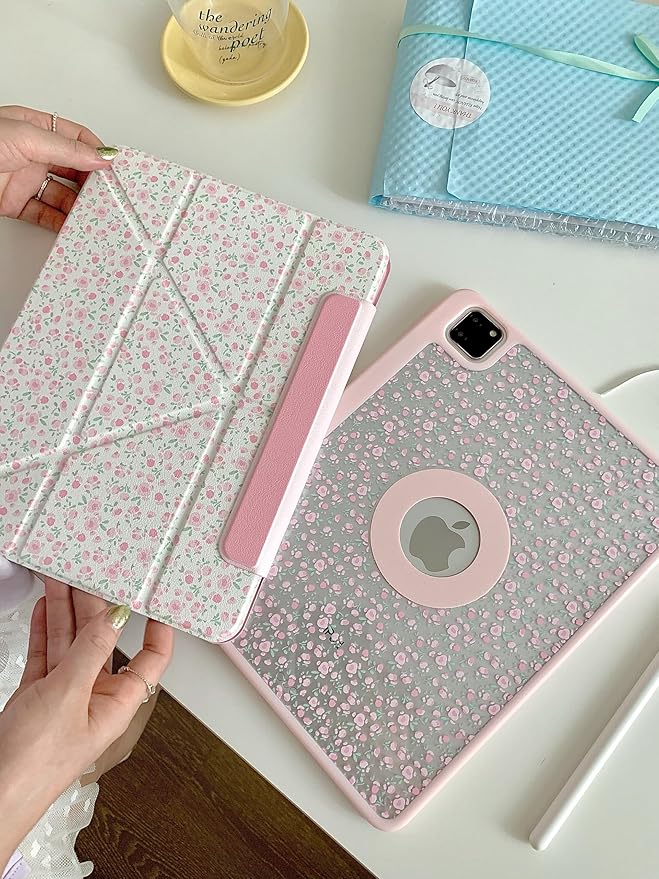 Detachable Magnetic 360 Rotating Adjustable Kickstand Hard PU Folio Case for Apple White Pink Rose Flower Floral Pretty Chic Cute Lovely Girls (for iPad Pro 13-inch 7th Generation 2024)
