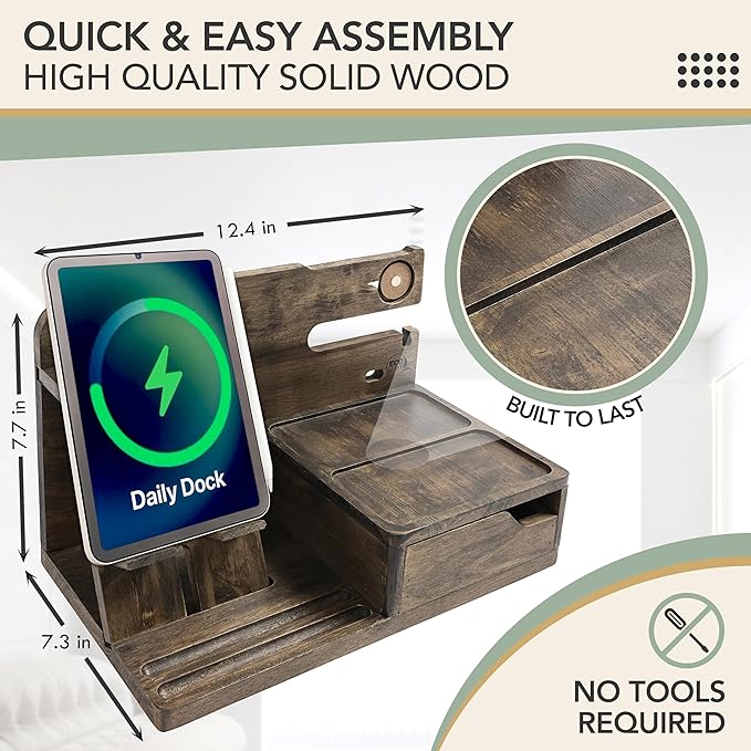 Nightstand Organizer- Phone Docking Station for Men- Unique Gifts for Husband Father or Dad from Wife Son or Daughter- Desk Organizer for Cellphone Watches Wallet and Key (Rustic)