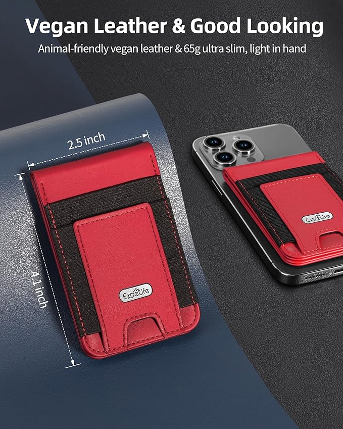 For Magsafe Wallet Stand Strongest Magnetic Wallet for iPhone 17/16/15/14/13/12 Series Magnetic Card Holder with Adjustable Stand ID Window 10 Cards Holder Vegan Leather RFID Blocking Red