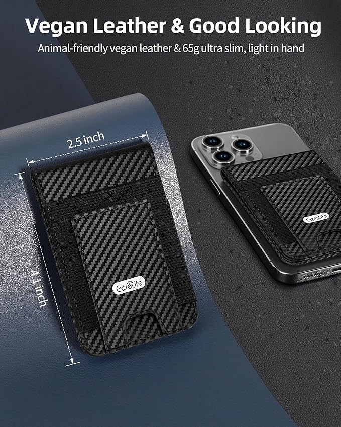 For Magsafe Wallet Stand Strongest Magnetic Wallet for iPhone 17/16/15/14/13/12 Series ID Window 4 Card Slots Fit 9 Cards Vegan Leather RFID Blocking Black Carbon Fiber