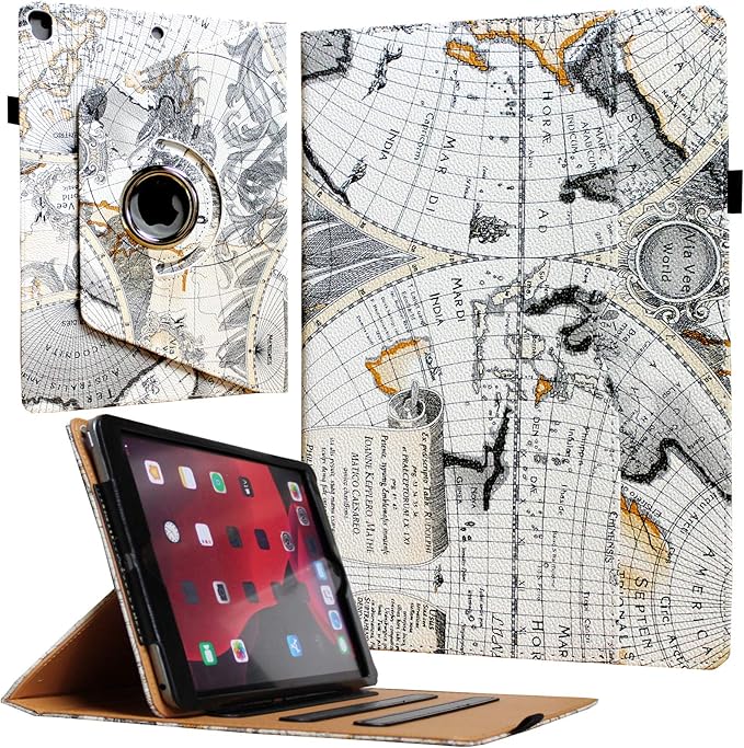 Case for iPad 9th 8th 7th Generation 360 Rotating Smart Cover Folio Stand with Pocket Auto Wake Up/Sleep for 2021 2020 2019 iPad 10.2 A2197 A2198 A2199 A2200 A2602 A2603 (Map)