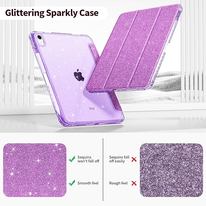 Tuiklol Sparkly Case for iPad (A16 Chip) 11th Gen 11 inch 2025 / iPad 10th Gen 10.9 inch 2022 Built in Pencil Holder with Glitter Clear Back Shell Cover Trifold Stand Auto Wake/Sleep Sparkly-Purple