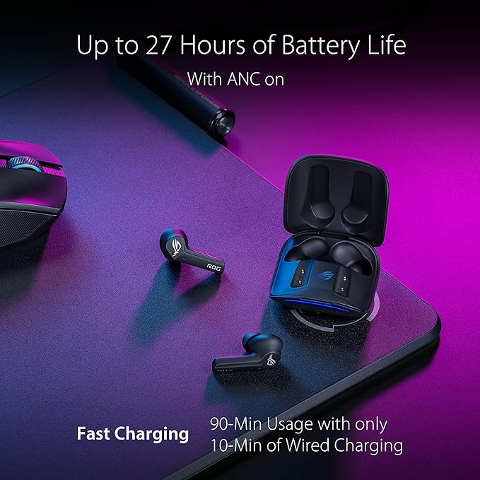 ASUS ROG Cetra True Wireless Gaming Earbuds – Bluetooth Low-Latency ANC Noise Cancelling Touch Control IPX4 Water Resistant 27Hr Battery Wireless Charging for PC Mobile Switch Ally/X - Black