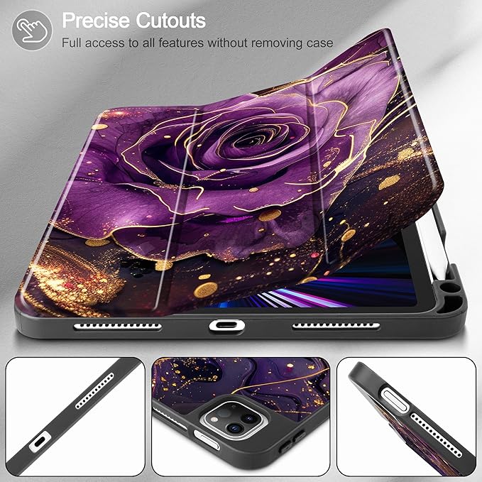 May Chen Case for iPad Pro 11 inch (4th 3rd 2nd &amp 1st Gen) 2022 2021 2020 2018 Trifold Stand + Pencil Holder + Auto Wake/Sleep + Soft TPU Protective Stand Back Cover Purple Roses