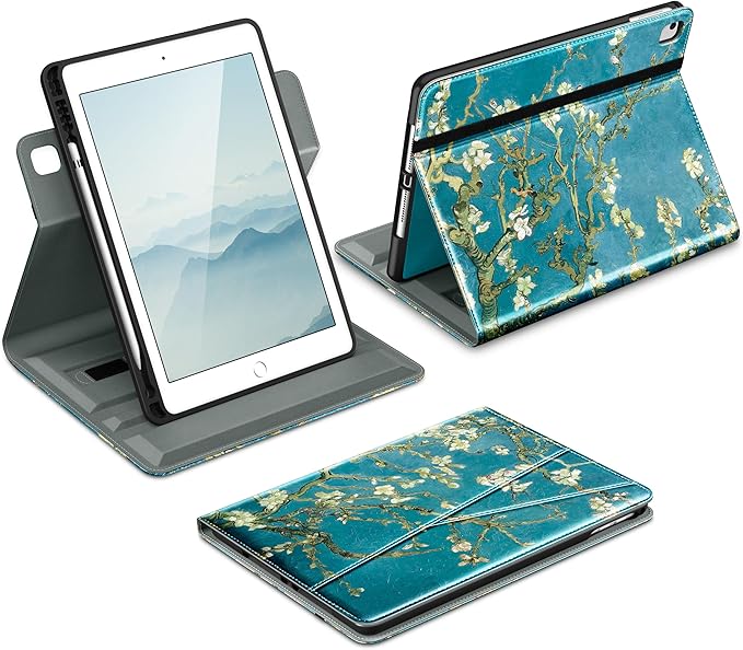 DTTO for iPad 6th / 5th Generation 9.7 Inch (2018/2017) iPad Air 2 / Air 1 Case 360 Degree Rotating Premium Leather Folio Stand Cover with Pencil Holder Blossom