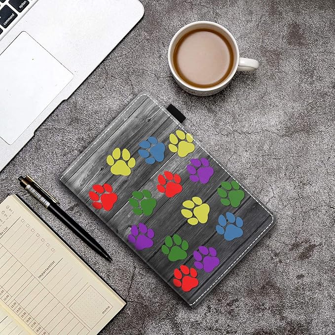 Case for Amazon Kindle Fire 7 Tablet (7 Display 9th/7th Generation 2019/2017 Release) - PU Leather Folio Case with Smart Auto Wake/Sleep Colorful Dog Paw Print on Wooden Board