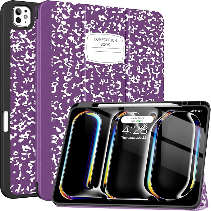 Soke Case for New iPad Pro 13 Inch (M5/M4 2025/2024 Release) with Pencil Holder Trifold Stand Shockproof [Support Apple Pencil Charging + Auto Wake/Sleep] Soft TPU Back Cover Book Violet
