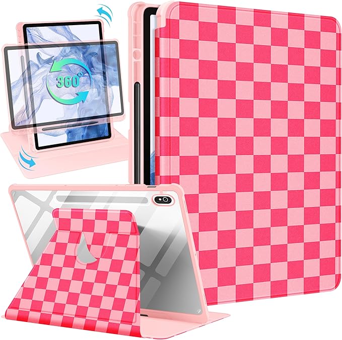 for Samsung Galaxy Tab S10 Fe Case - Tab S9 Fe/S9 Case with Pencil Holder Women Girls Cute Girly Pretty Pink Checkered Unique Aesthetic Design Teens Rotating Tablet Cases Cover