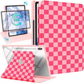 for Samsung Galaxy Tab S10 Fe Case - Tab S9 Fe/S9 Case with Pencil Holder Women Girls Cute Girly Pretty Pink Checkered Unique Aesthetic Design Teens Rotating Tablet Cases Cover