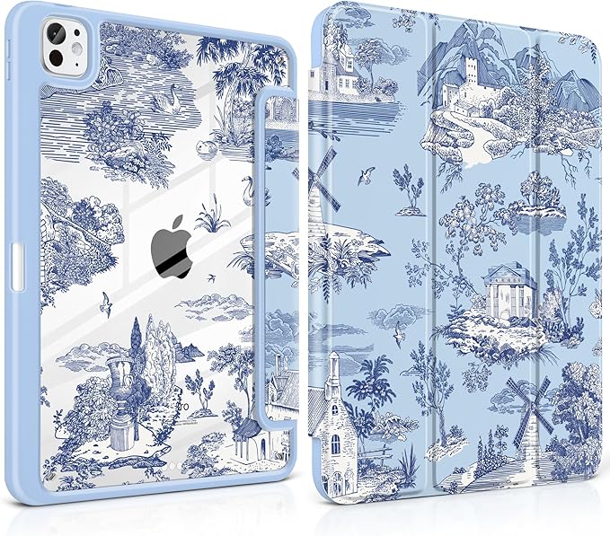 DONGKE for iPad Pro 11-Inch Case (M5 2025 / M4 2024) 6th/5th Generation [Auto Sleep/Wake &amp Pencil Pro Holder] Clear Acrylic Back Smart Trifold Stand Cover Toile Pattern