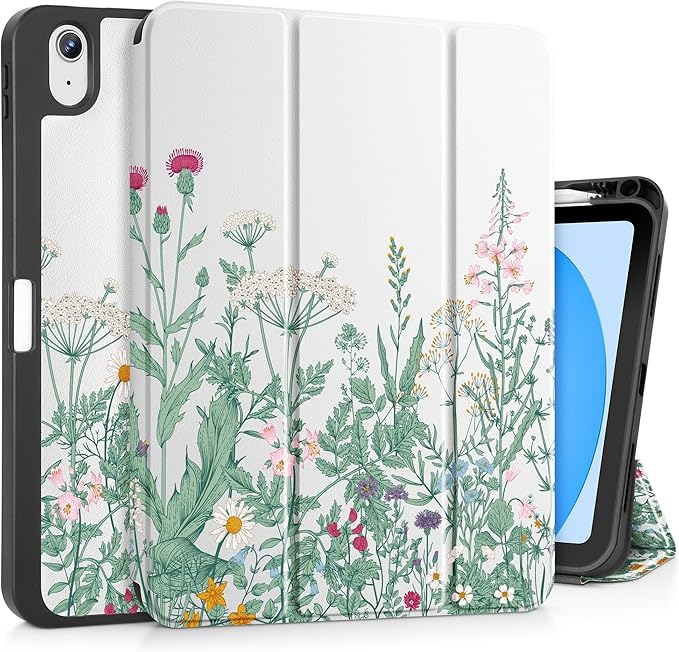 May Chen for iPad (A16) 11th Generation Case 11 Inch 2025 iPad 10th Gen Case 2022 10.9 inch Trifold Stand with Auto Wake/Sleep Soft TPU Protective Stand Back Cover Herbs Flowers