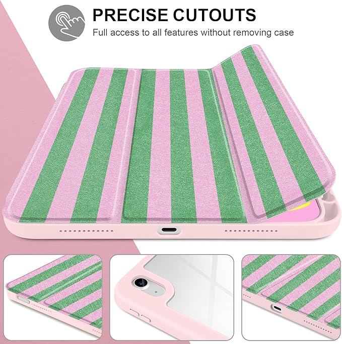 DONGKE Case for iPad (A16) 11th Generation 11 inch 2025 &amp iPad 10th Gen 10.9 inch 2022 [Built-in Pencil Holder] Clear Acrylic Back Trifold Stand Smart Cover Auto Sleep/Wake Green Stripes