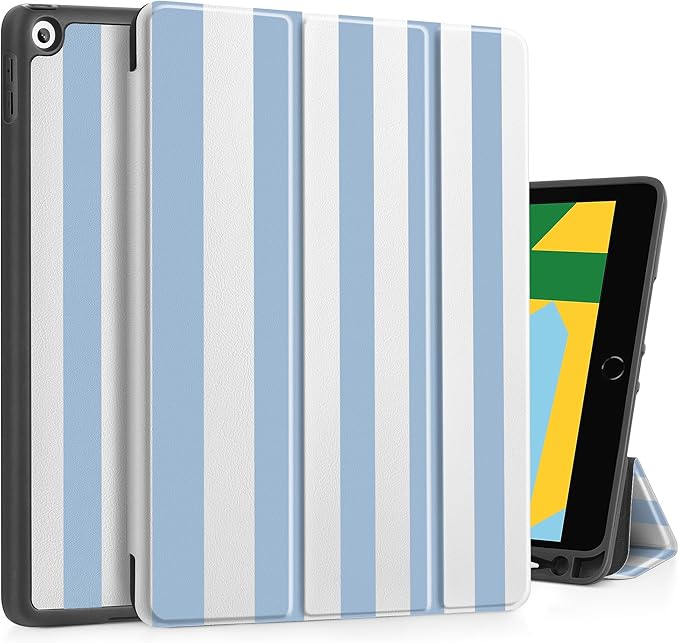 Tuiklol Case for iPad 10.2 Inch 2021 2020 2018 Release 9th / 8th / 7th Generation Built-in Pencil Holder TPU Protective Stand Back Cover Trifold Stand-Auto Wake/Sleep Striped Blue