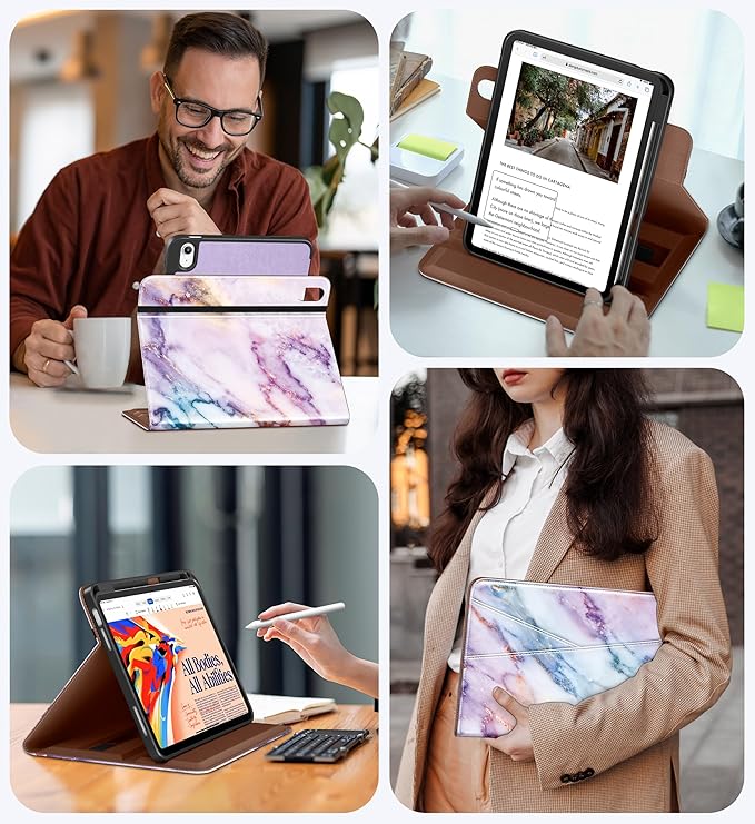 DTTO for iPad A16 Case iPad 11th / 10th Generation Case (2025/2022) 360 Degree Rotating Premium Leather Folio Stand Cover with Pencil Holder Marble Pink