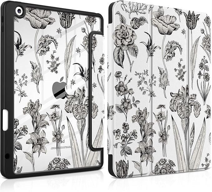 DONGKE for iPad 9th/8th/7th Generation Case 10.2 Inch (2021/2020/2019) [Auto Sleep/Wake &amp Pencil Holder] Clear Acrylic Back Trifold Stand Cover Black Florals