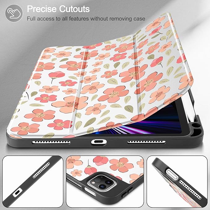 May Chen Case for iPad Pro 11 inch (4th 3rd 2nd &amp 1st Gen) 2022 2021 2020 2018Trifold Stand with Auto Wake/Sleep Soft TPU Protective Stand Back Cover Pink Small Flowers