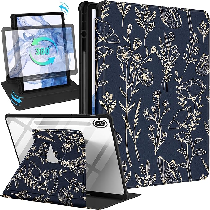 for Samsung Galaxy Tab S10 Fe Case - Tab S9 Fe/S9 Case with Pencil Holder Women Girl Cute Girly Pretty Black Floral Unique Aesthetic Design Teens Rotating Tablet Cases Cover